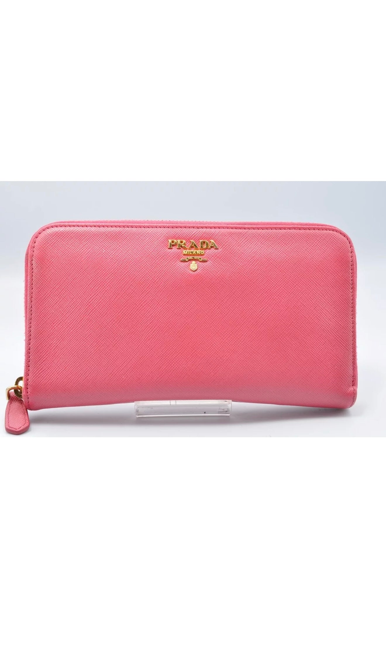 Pre-owned PRADA Leather small leather goods Long Wallet Saffiano Pink Gold Round Zip Auth w/Box, Card 6A82618